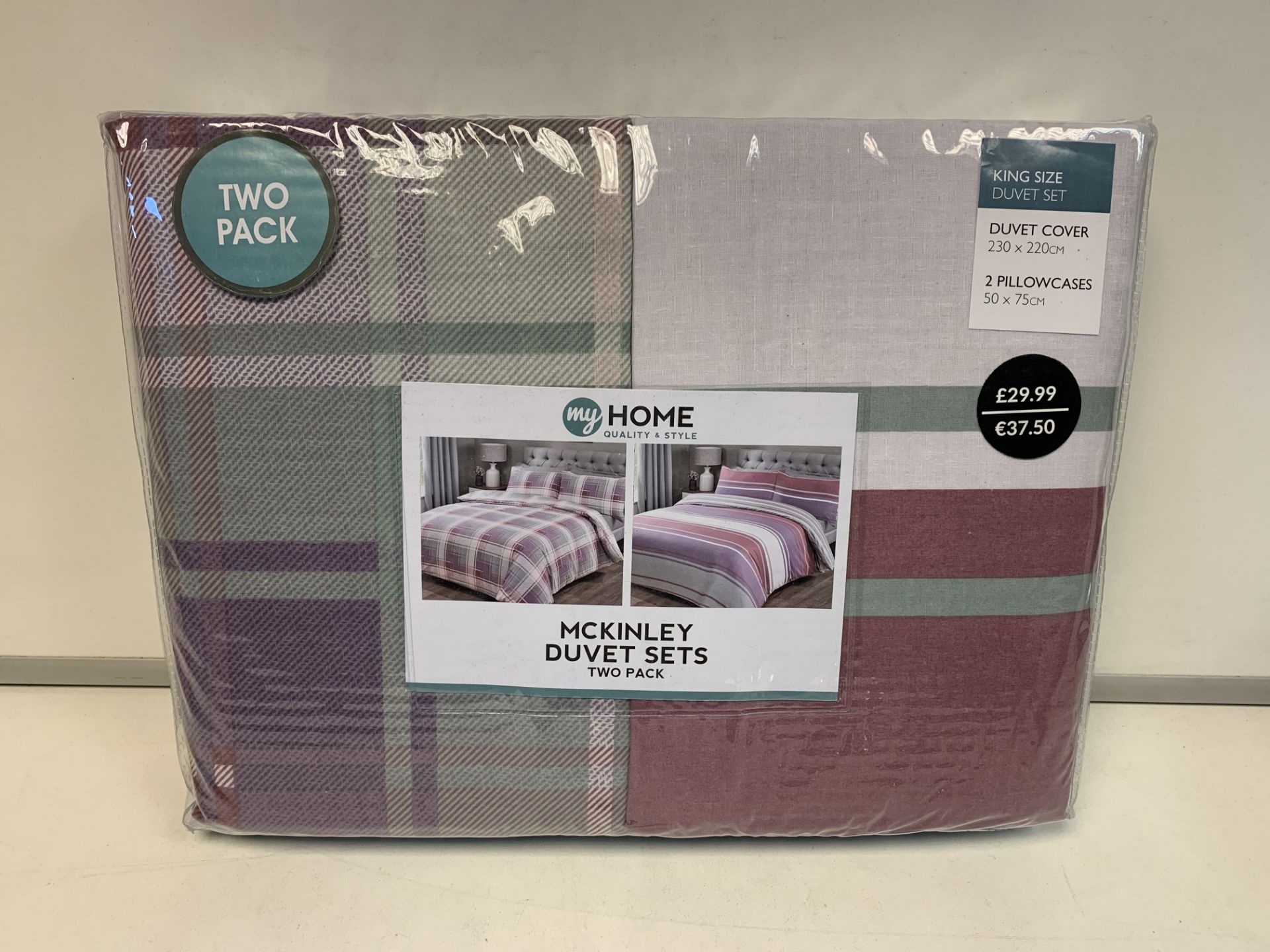 5 X NEW PACKAGED MY HOME PACKS OF 2 MCKINLEY DUVET SETS. KING SIZE