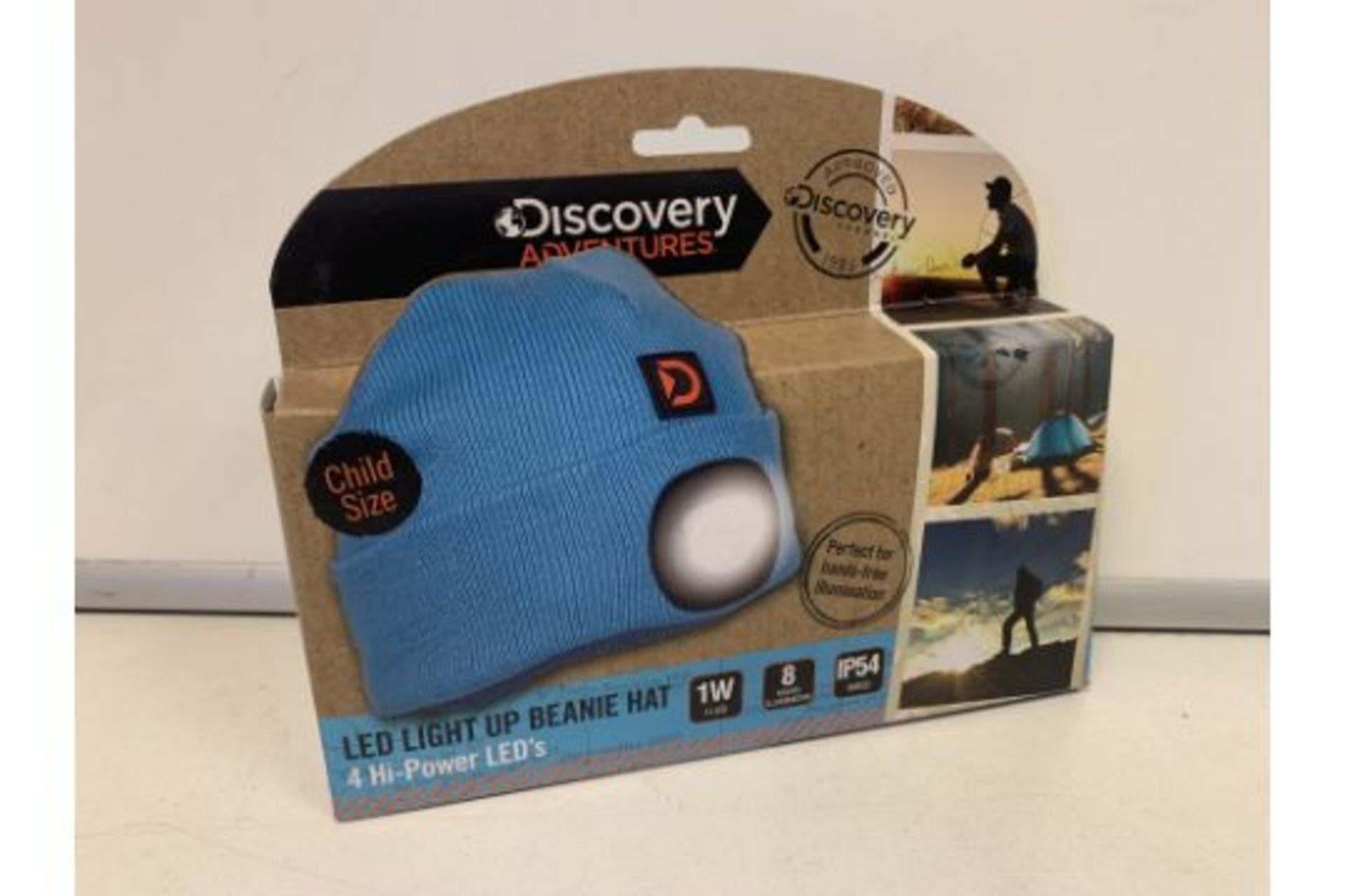24 X NEW PACKAGED DISCOVERY CHANNEL LED LIGHT UP BEANIE HATS. 4 Hi-POWERED LED'S. UP TO 8 HOURS