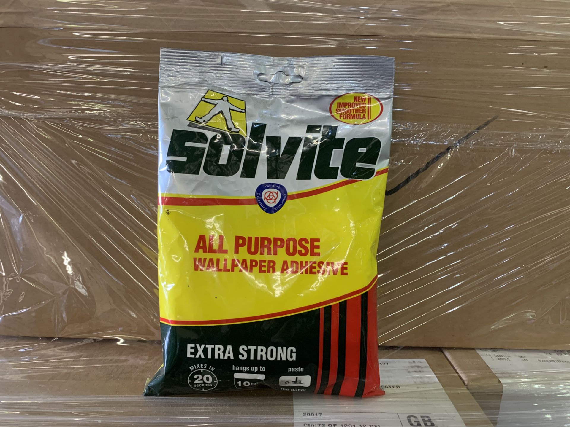 60 X NEW PACKS OF SOLVITE ALL PURPOSE WALLPAPER ADHESIVE 185G BAGS. EXTRA STRONG