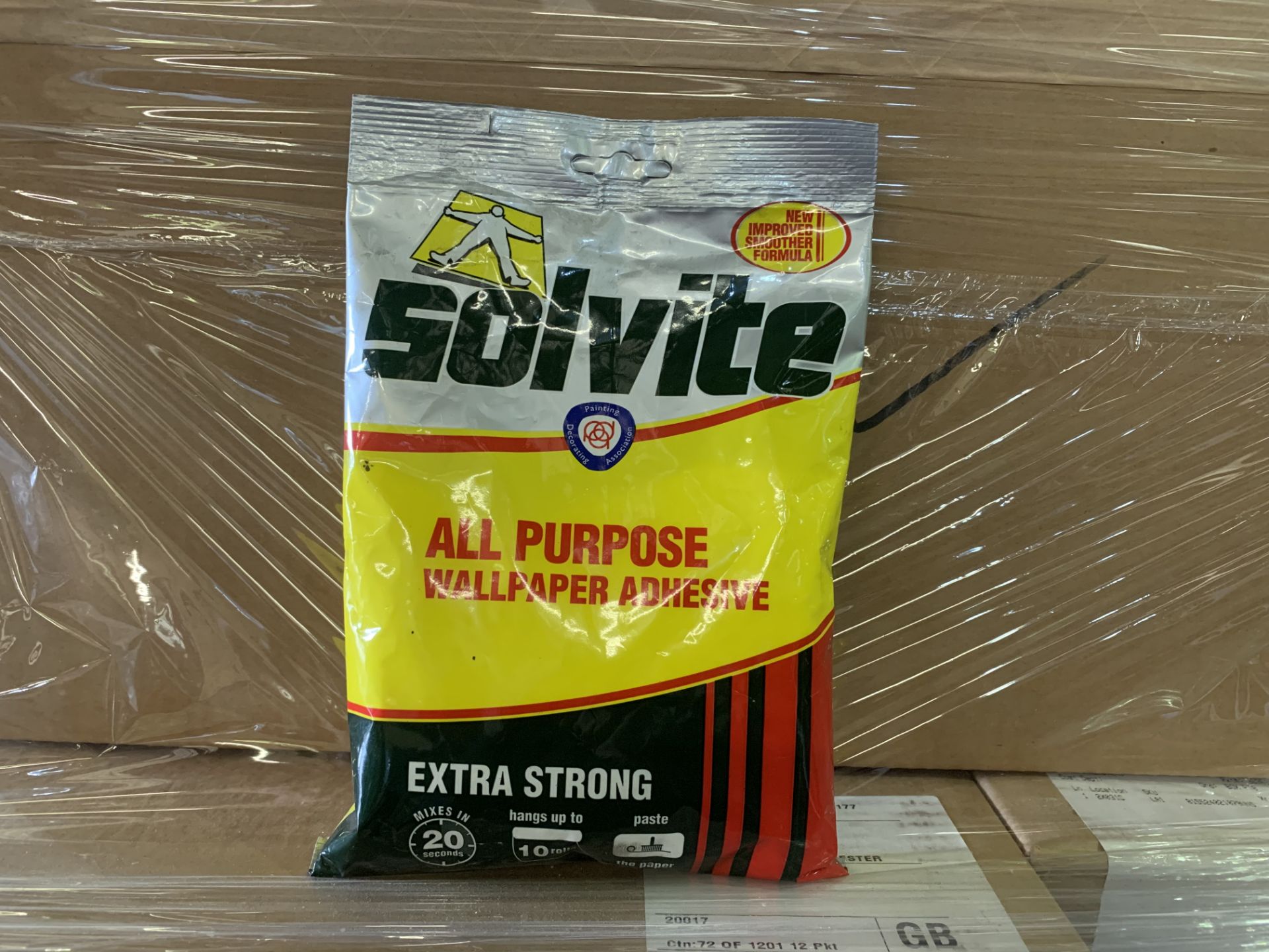 60 X NEW PACKS OF SOLVITE ALL PURPOSE WALLPAPER ADHESIVE 185G BAGS. EXTRA STRONG