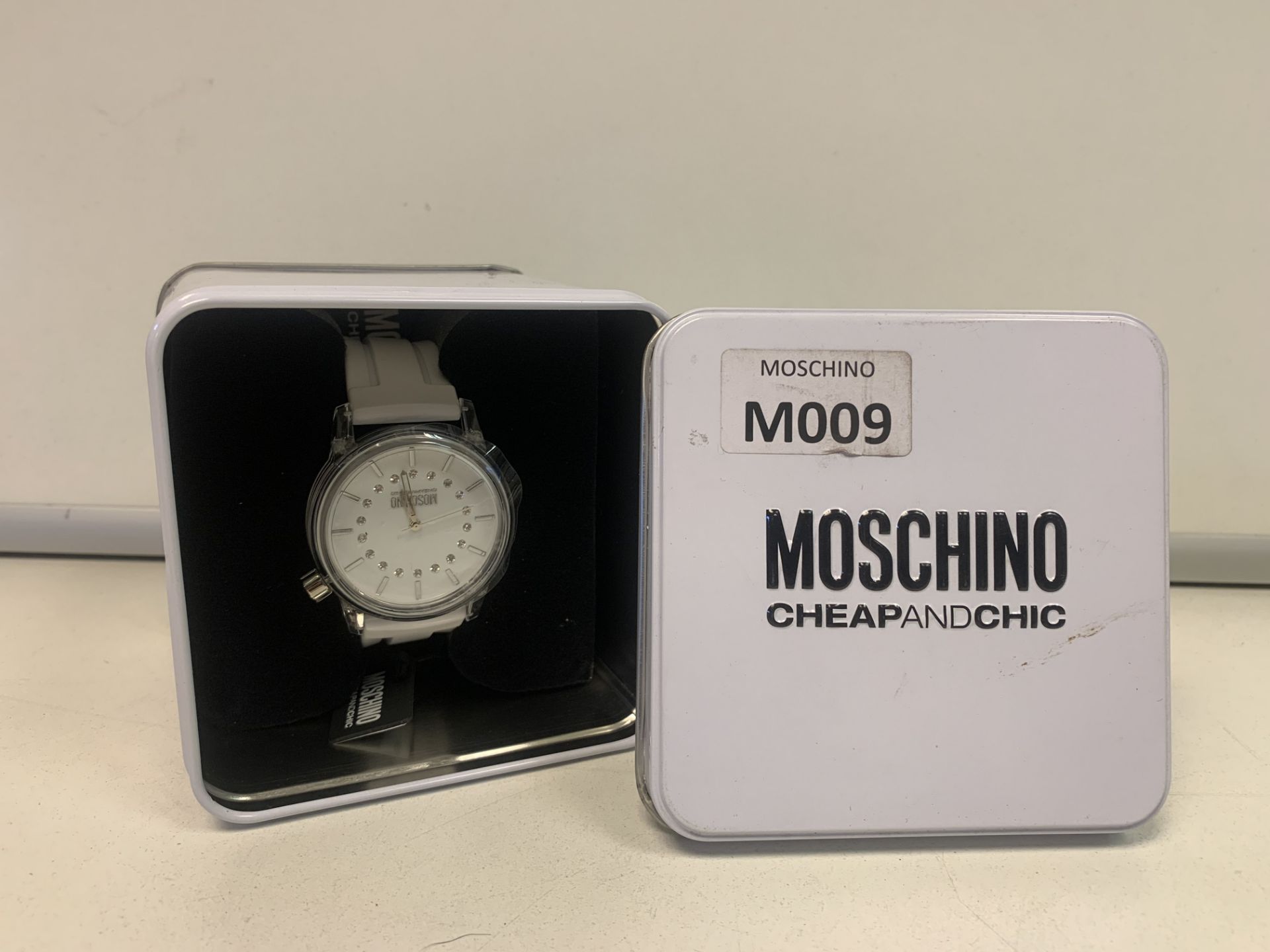 BRAND NEW RETAIL BOXED MOSCHINO WOMENS WHITE STRAP WATCH