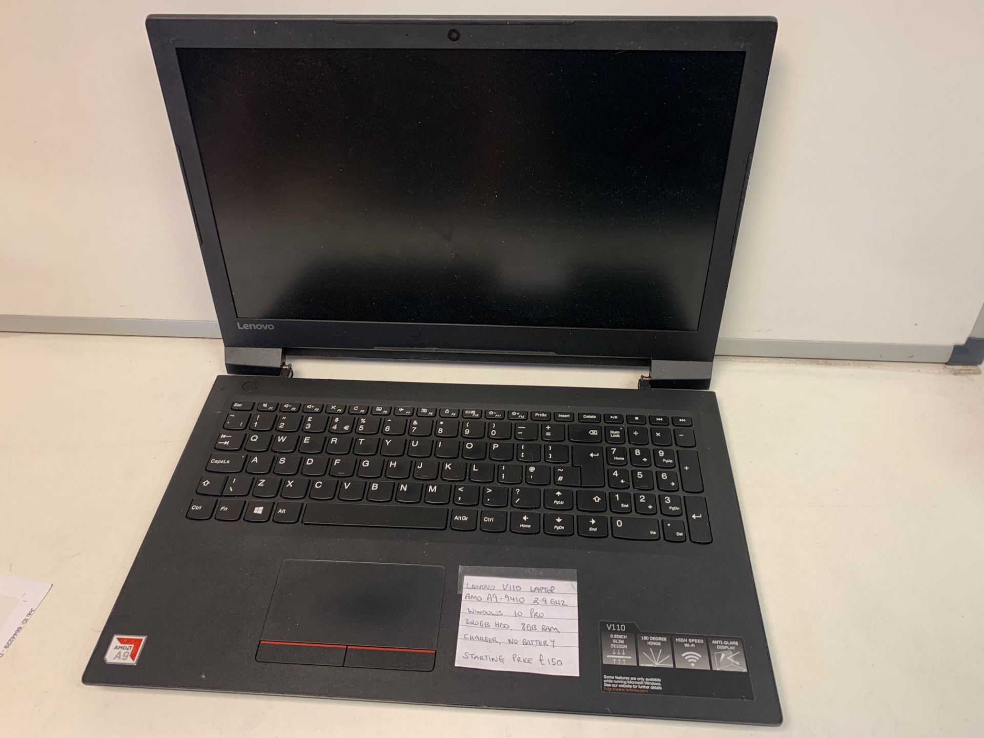 LENOVO V110 LAPTOP, AMD A9-9410, 2.9GHZ, WINDOWS 10 PRO, 320GB HDD, 8GB RAM WITH CHARGER (NO