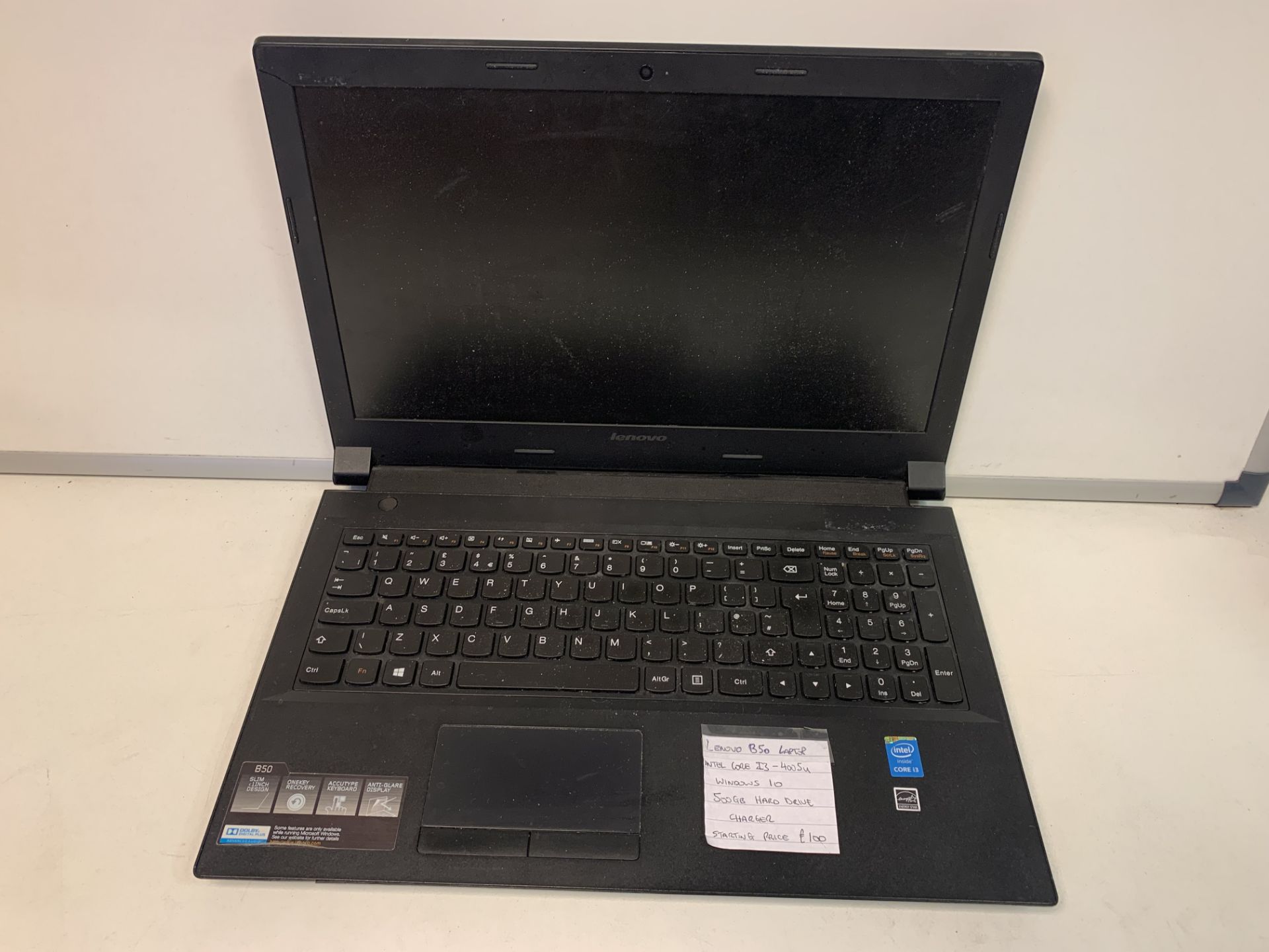 LENOVO B50 LAPTOP, INTEL CORE i3-4005U, WINDOWS 10, 500GB HARD DRIVE WITH CHARGER