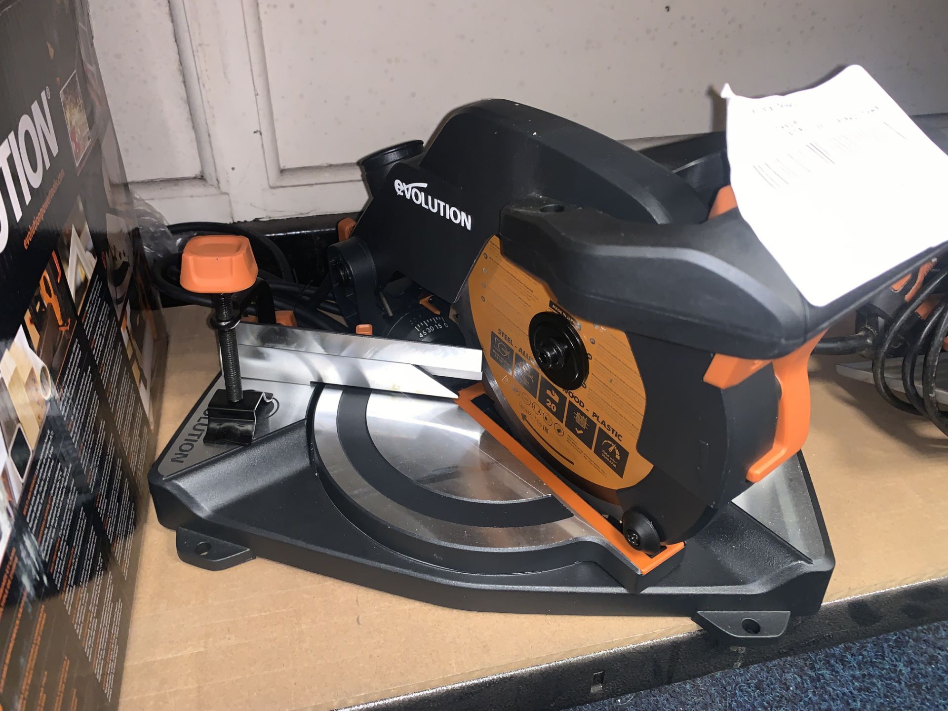 EVOLUTION R210CMS 210MM ELECTRIC SINGLE-BEVEL COMPOUND MITRE SAW 110V COMES WITH BOX (UNCHECKED) (