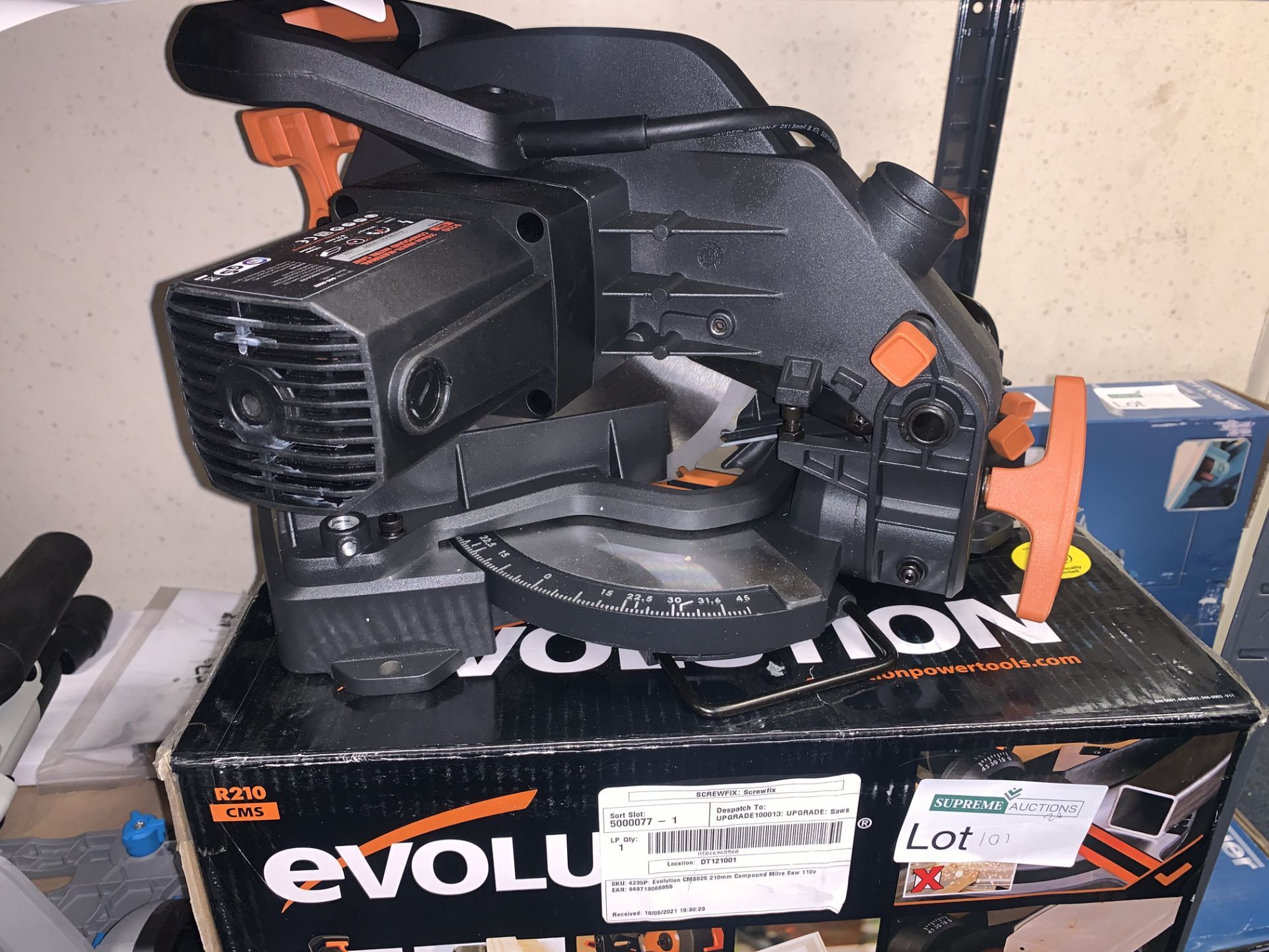 EVOLUTION R210CMS 210MM ELECTRIC SINGLE-BEVEL COMPOUND MITRE SAW 110V COMES WITH BOX (UNCHECKED) (