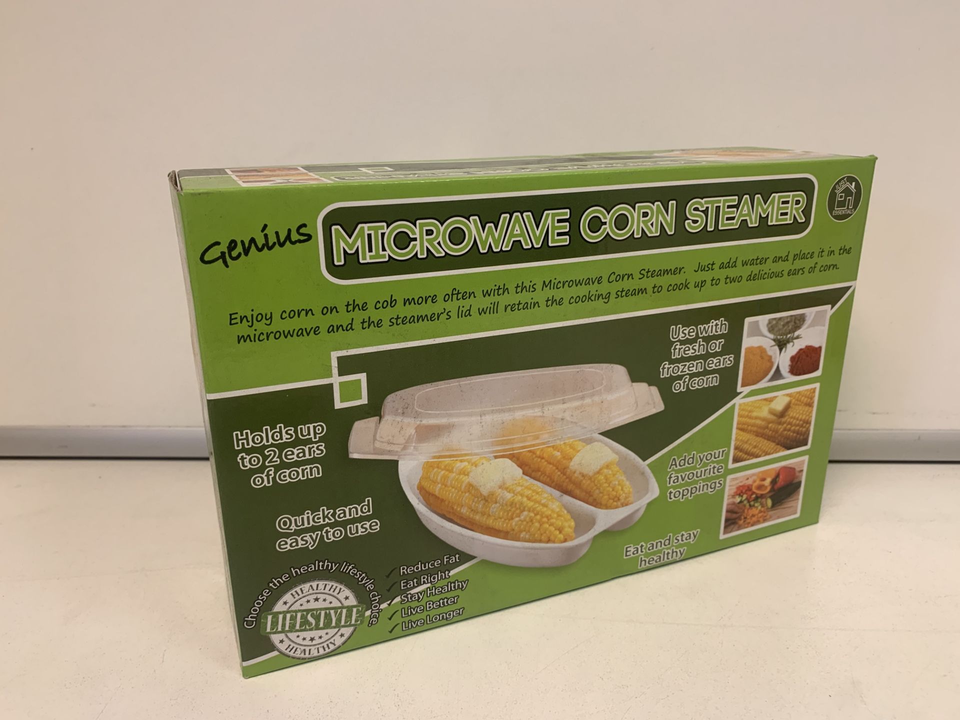 20 X NEW BOXED JUST ESSENTIALS - GENIUS MICROWAVE CORN STEAMERS. QUICK & EASY TO USE. (1483/20)