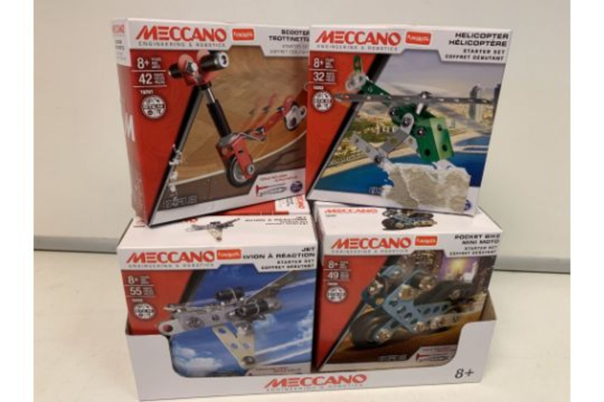 18 X MECCANO KITS IN ASSORTED DESIGNS TO INCLUDE SCOOTER, JET, POCKET BIKE, HELICOPTER ETC