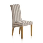 4 X NEW BOXED Scroll Back Solid Oak Dining Chair with Striped Silver Fabric. SET RRP £520.