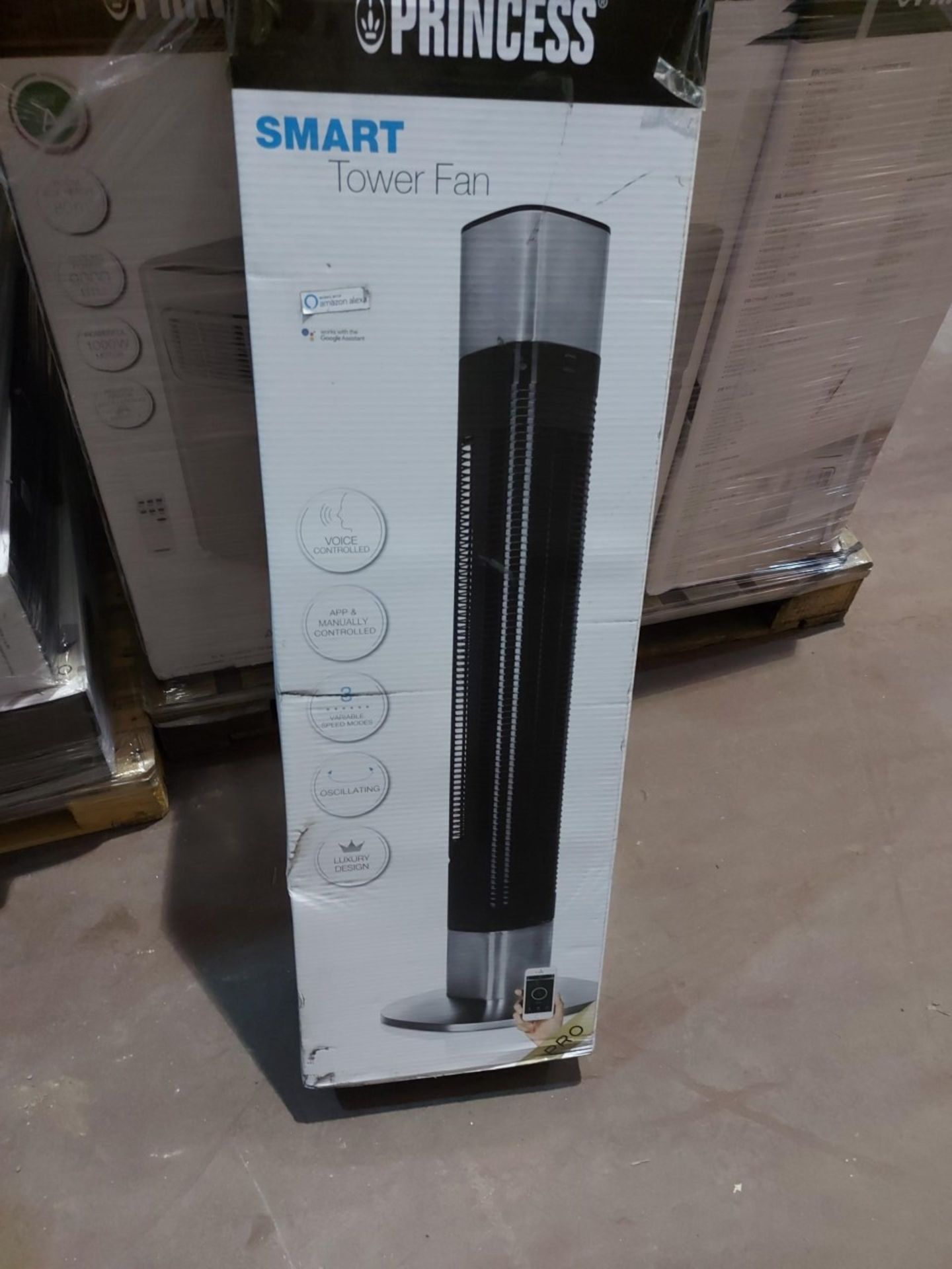 PALLET TO CONTAIN 10 x PRINCESS 350000 Smart Tower Fan - Black. RRP £119.99 EACH. Control remotely