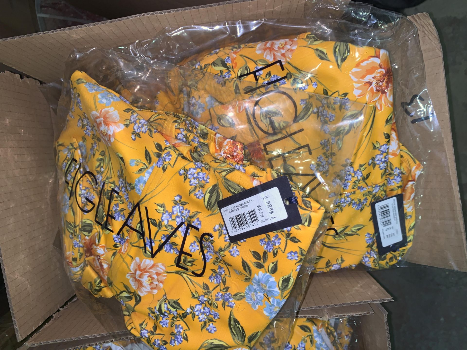 13 X BRAND NEW INDIVIDUALLY PACKAGED FIGLEAVES YELLOW FLORAL BRIONY UNDERWIRED BANDEAU STRAPLESS