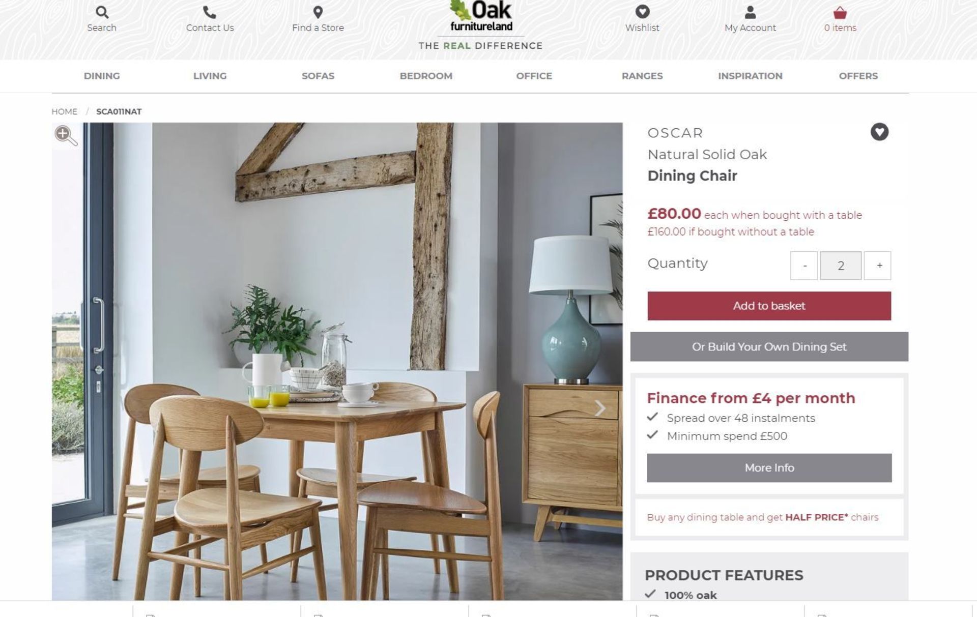 4 X NEW BOXED OSCAR SOLID OAK DINING CHAIRS. SET RRP £520. With its contemporary, yet versatile