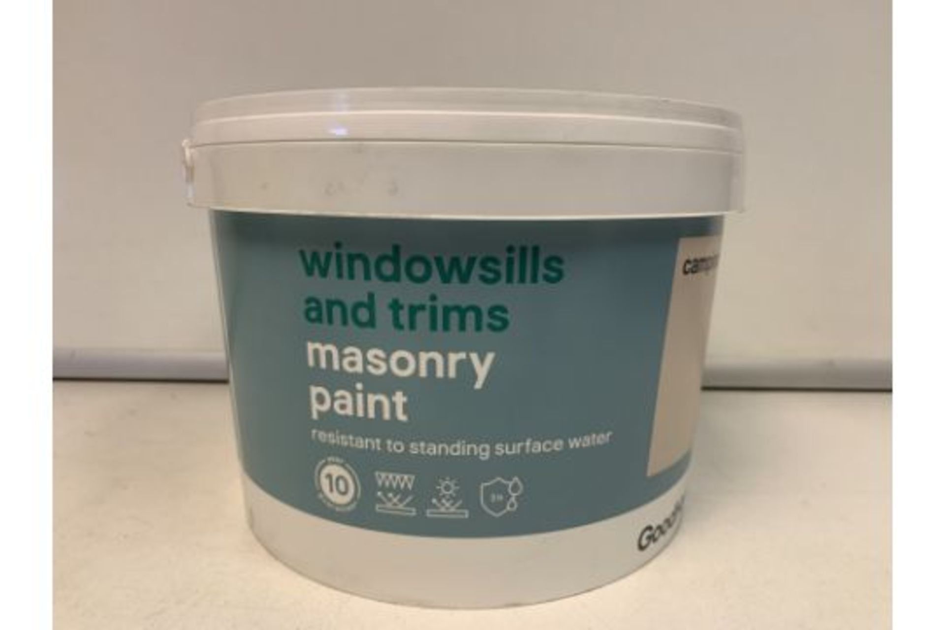 20 X NEW 2.5L TUBS OF GOODHOME MASONRY PAINT. RESISTANT TO STANDING SURFACE WATER. COLOUR: CAMPINAS.