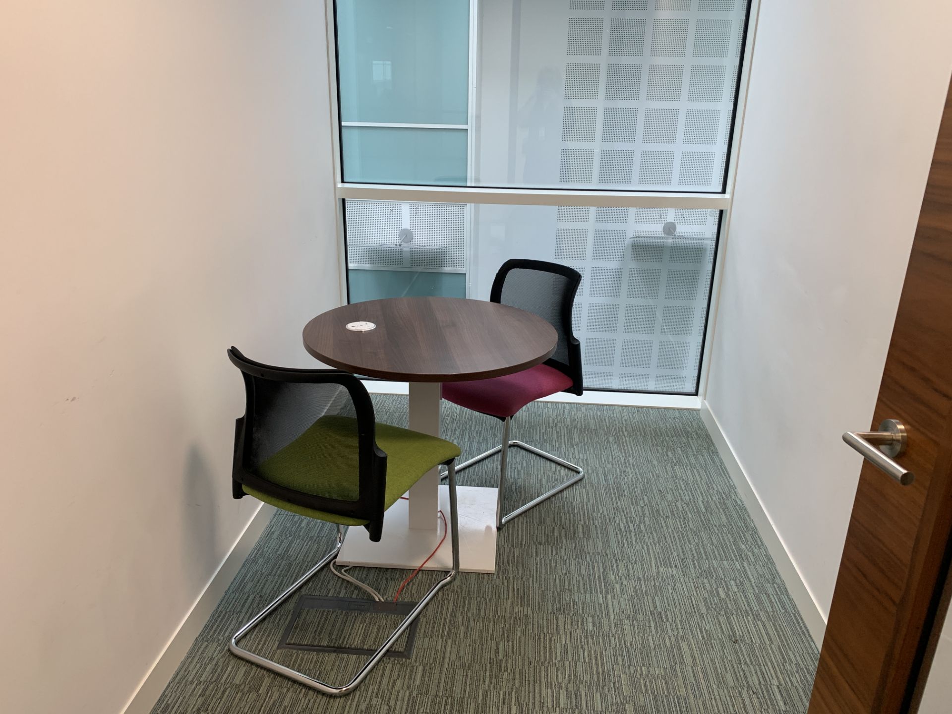 MEETING ROOM 1 INCLUDING ROUND SOLID WOOD TABLE WITH ELECTRICAL SOCKET AND 2 CHAIRS