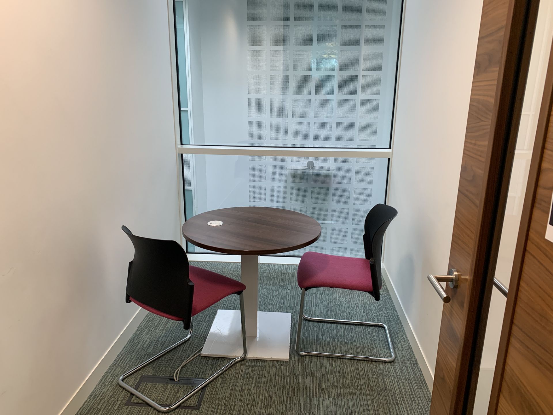 MEETING ROOM 1 INCLUDING ROUND SOLID WOOD TABLE WITH ELECTRICAL SOCKET AND 2 CHAIRS