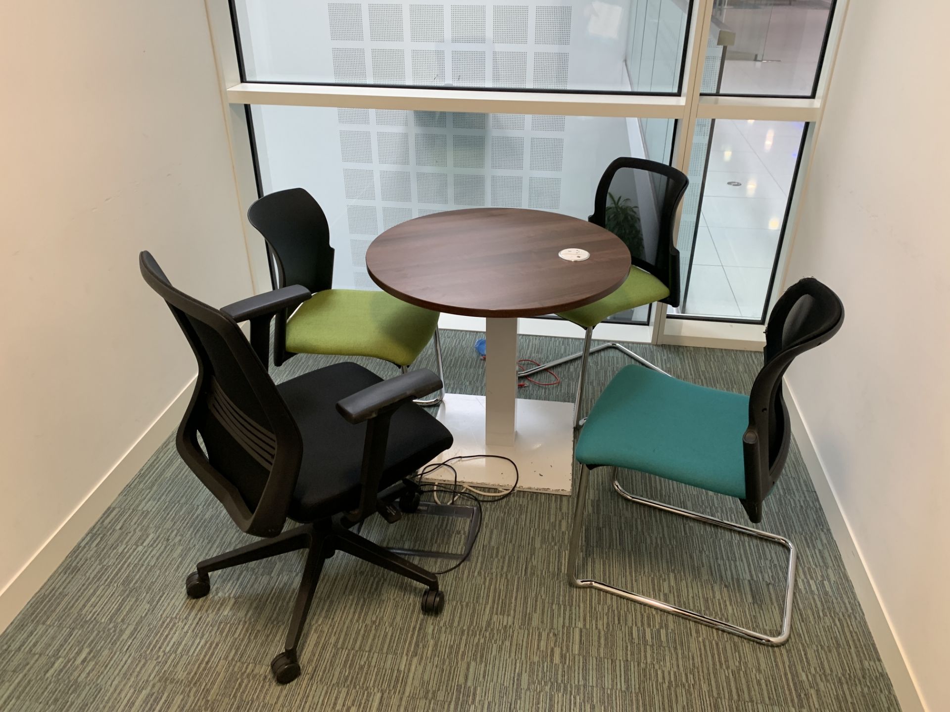 MEETING ROOM 1 INCLUDING ROUND SOLID WOOD TABLE WITH ELECTRICAL SOCKET AND 4 CHAIRS