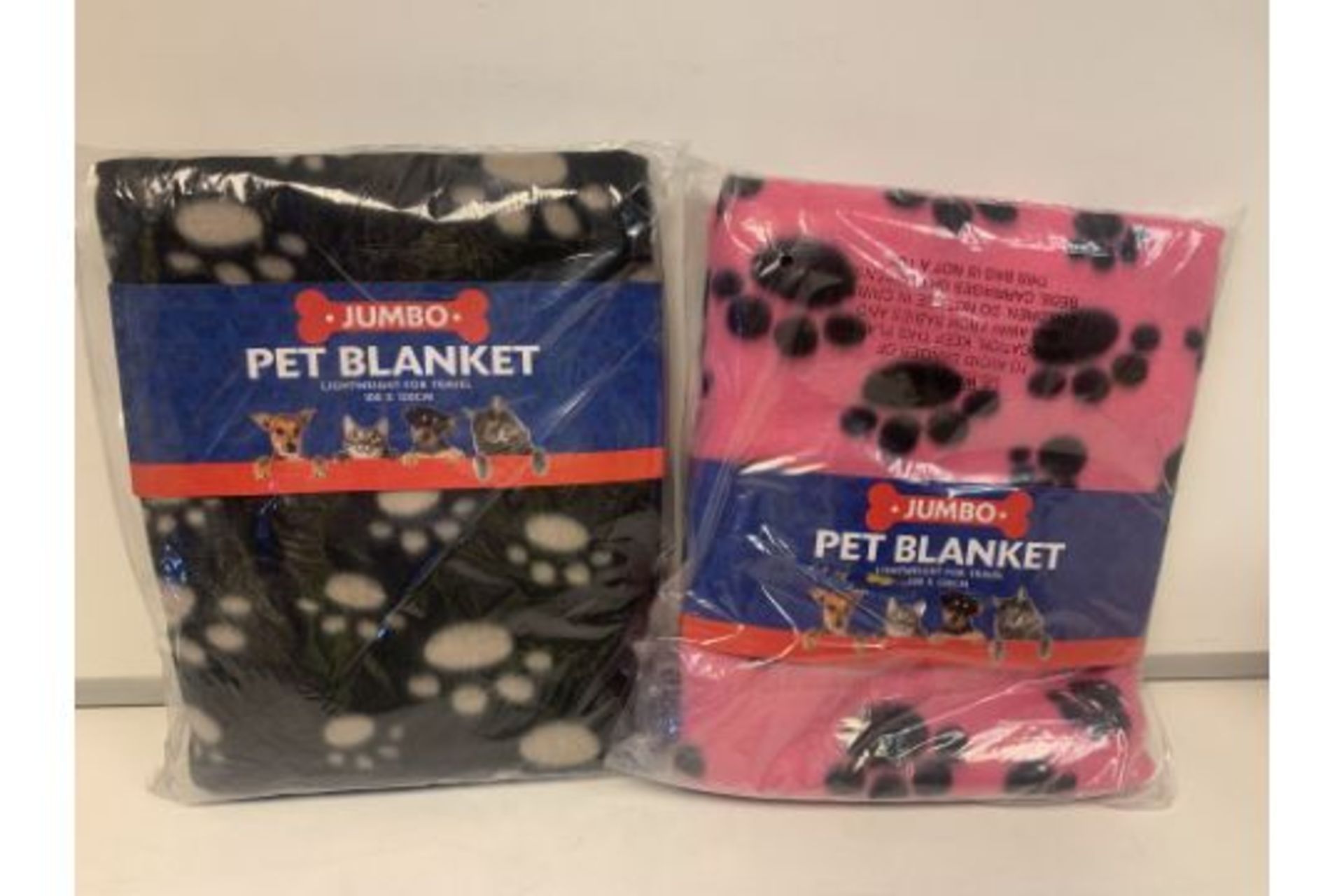 12 X NEW PACKAGED JUMBO PET BLANKETS. LIGHTWEIGHT. SIZE: 100x120CM