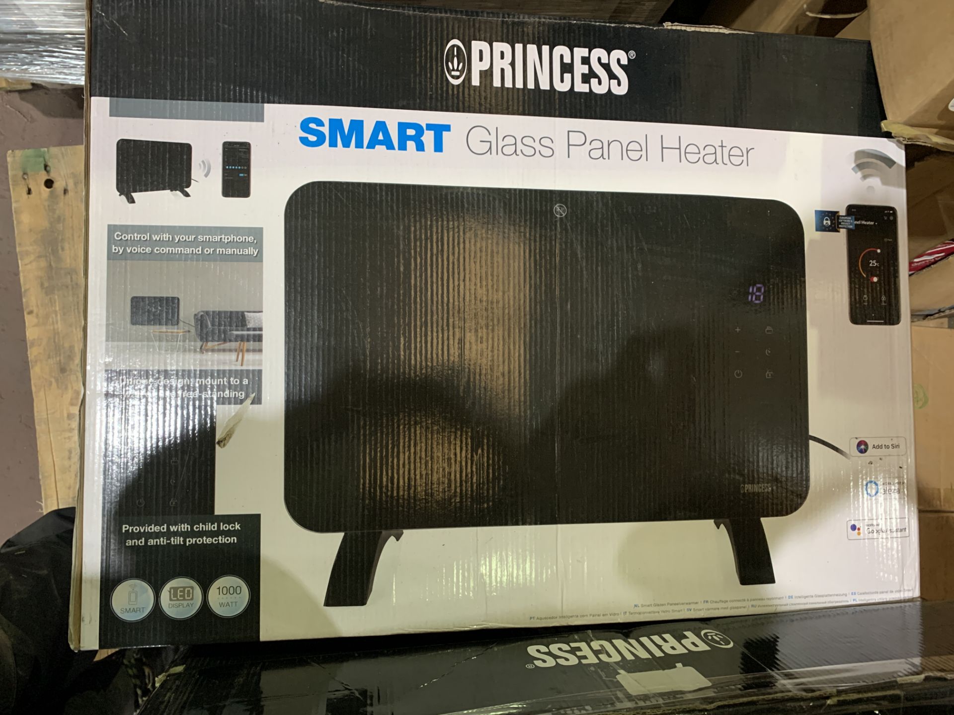 PRINCESS BLACK SMART GLASS PANEL HEATER 1000W RRP £99