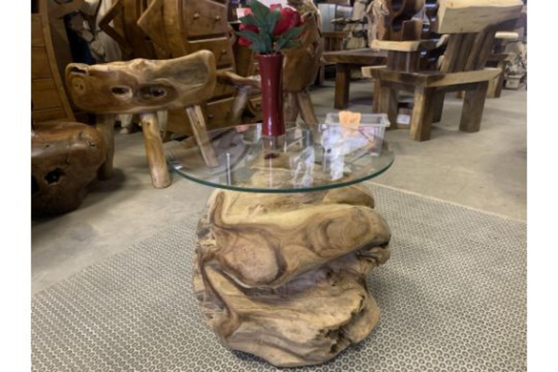 SOLID WOODEN TEAK ROOT BALL TABLE WITH 8MM GLASS DIA 50 X H50 RRP £725