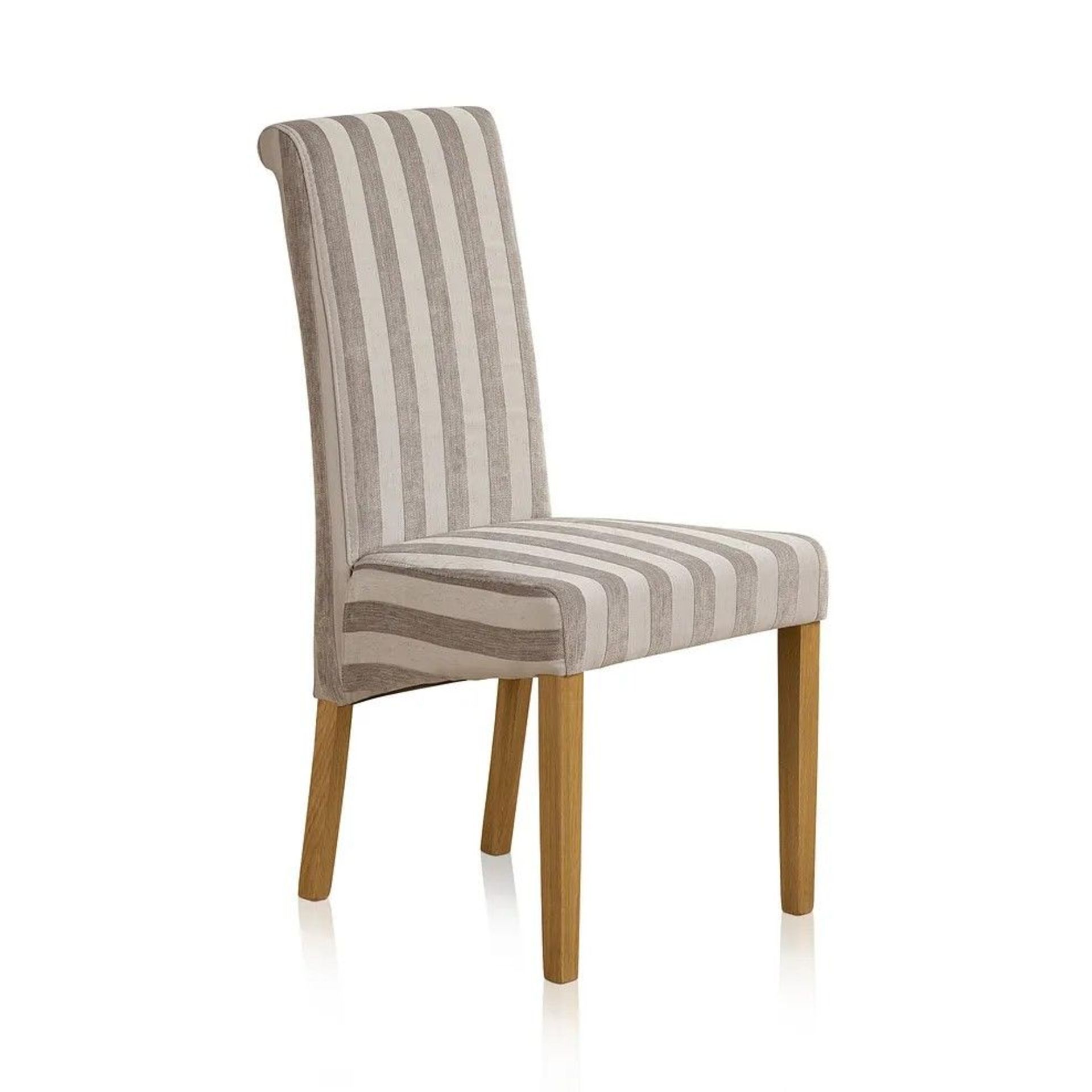 4 X NEW BOXED Scroll Back Solid Oak Dining Chair with Striped Silver Fabric. SET RRP £520.