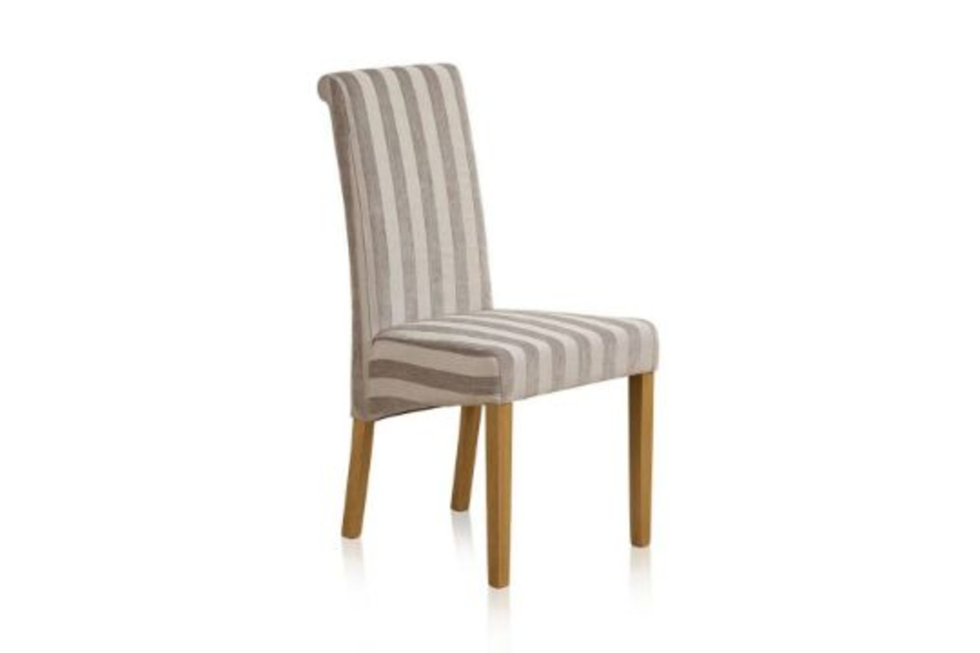 4 X NEW BOXED Scroll Back Solid Oak Dining Chair with Striped Silver Fabric. SET RRP £520.