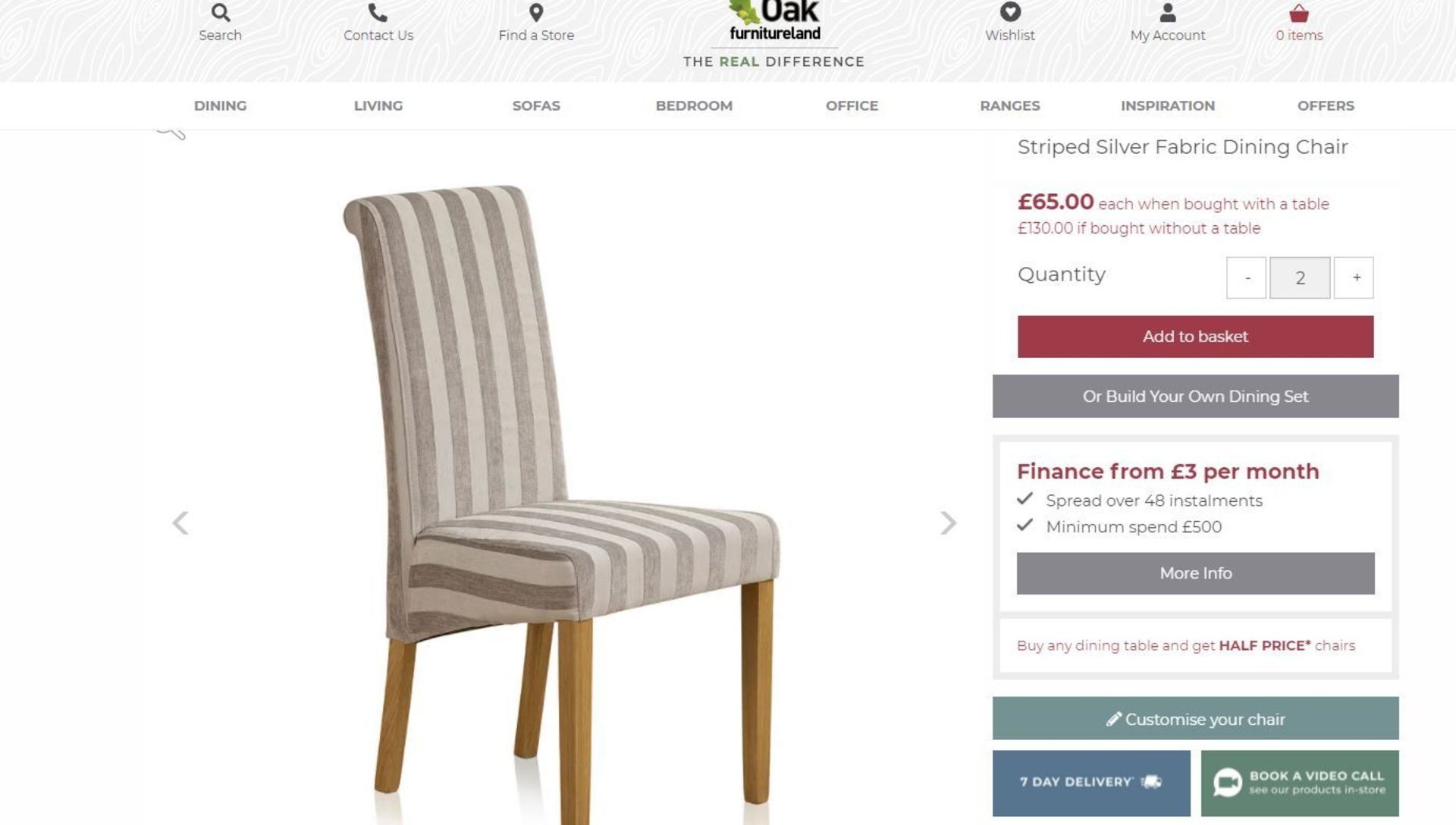 4 X NEW BOXED Scroll Back Solid Oak Dining Chair with Striped Silver Fabric. SET RRP £520. - Image 2 of 2