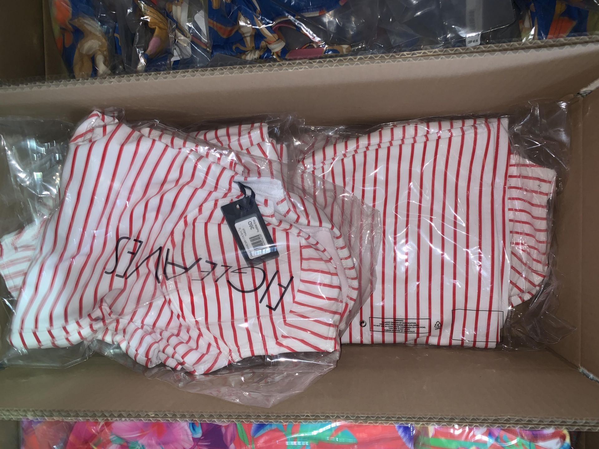 10 X BRAND NEW INDIVIDUALLY PACKAGED FIGLEAVES RED/WHITE STRIPE CASTAWAY UNDERWIRED HALTER V WIRE