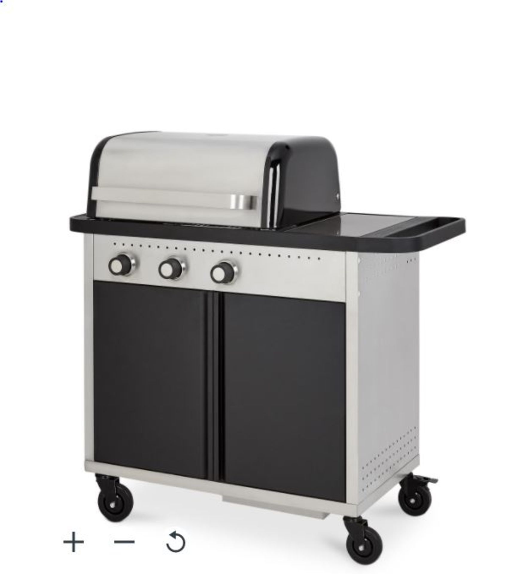 NEW BOXED - Rockwell 310 3 burner Gas Black Barbecue. With dishwasher safe grills, integrated