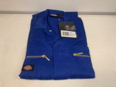 17 X NEW PACKAGED DICKIES ROYAL BLUE BOILER SUITS. SIZE UK 30