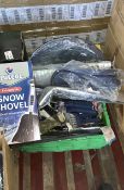 45 PIECE MIXED LOT INCLUDING LIGHTING BOARDS, SNOW SHOVELS, TRAVLE BLANKETS ETC
