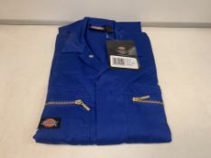18 X NEW PACKAGED DICKIES ROYAL BLUE BOILER SUITS. SIZE UK 30