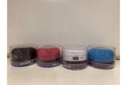 20 X NEW PACKAGED FALCON WATERPROOF BLUETOOTH SHOWER SPEAKERS. IN ASSORTED COLOURS