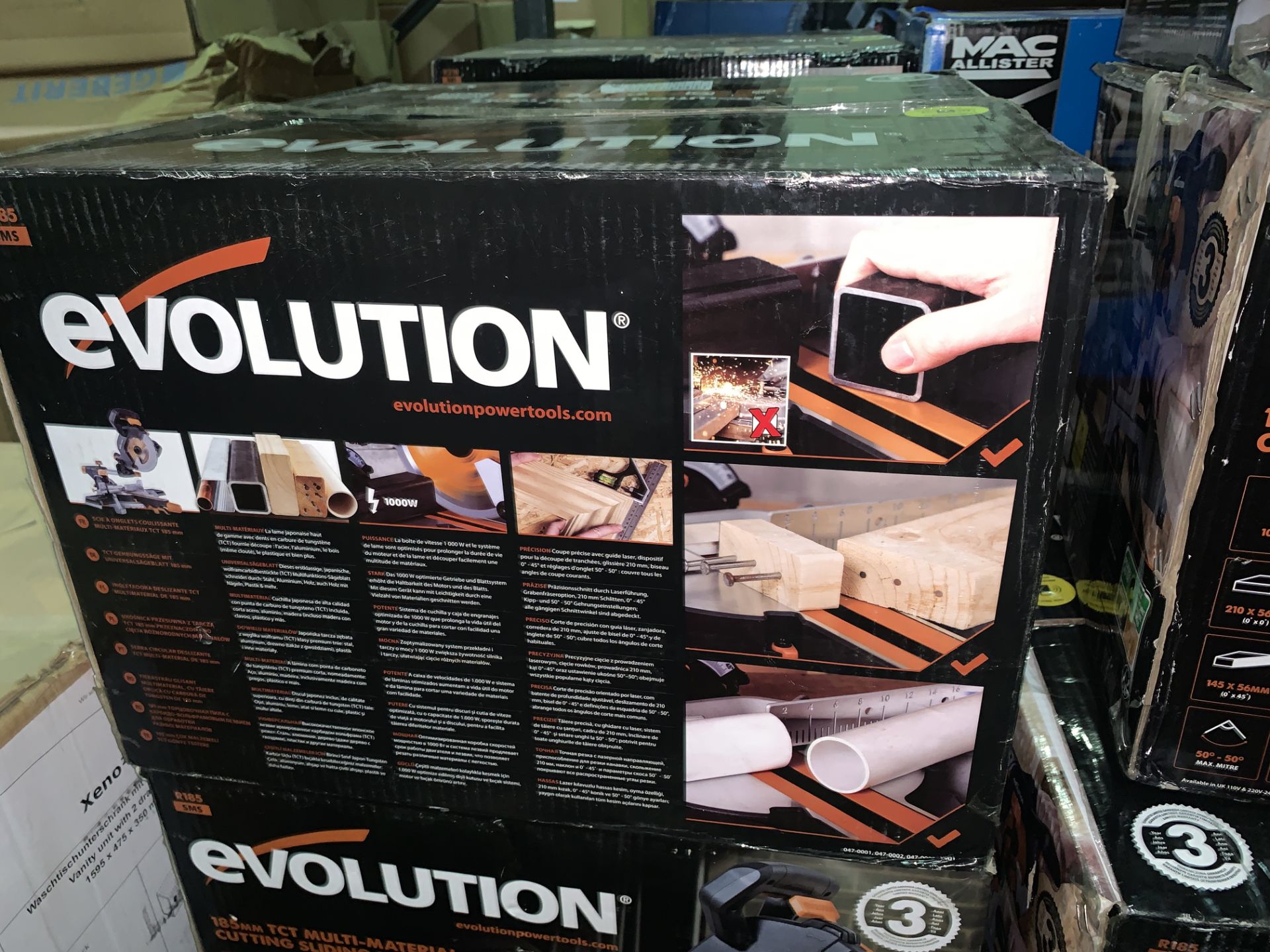 EVOLUTION R185SMS 185MM SLIDING MITRE SAW 110V COMES WITH BOX (UNCHECKED, UNTESTED)
