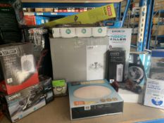 MIXED LOT INCLUDING RETRO CUBE FAN HEATER, TOWER FAN, LIGHTS, INSECT KILLER ETC (UNCHECKED,