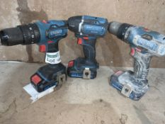 3 X ERBAUER COMBI DRILLS AND 1 X ERBAUER IMPACT DRIVER COMES WITH 4 BATTERIES (UNCHECKED, UNTESTED)