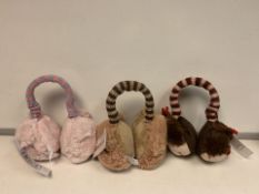 36 X NEW TAGGED FALCON ANIMAL EARMUFF BUDDIES. SUPER SOFT PLUSH WITH PADDING FOR EXTRA COMFORT