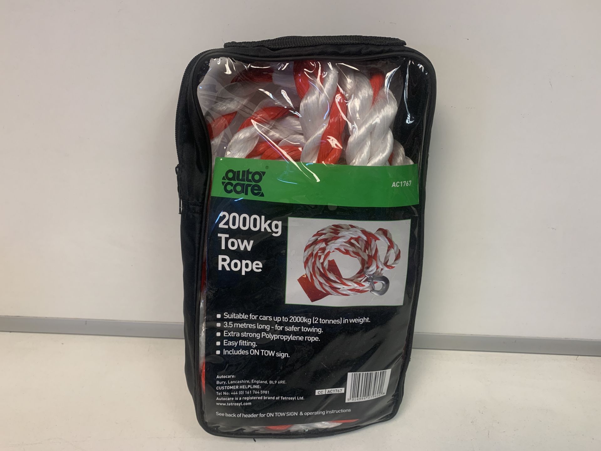 16 X NEW PACKAGED AUTOCARE 2000KG TOW ROPE. 3.5M LONG. EXTRA STRONG POLYPROPYLENE ROPE. EASY