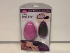 60 X NEW PACKAGED HAND HELD PEDI FEET. THE ULTIMATE FOOT FILE. GENTLY REMOVES DRY, CALLOUS SKIN. RRP