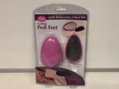 60 X NEW PACKAGED HAND HELD PEDI FEET. THE ULTIMATE FOOT FILE. GENTLY REMOVES DRY, CALLOUS SKIN. RRP