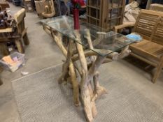 SOLID WOODEN CONSOLE TEAK BRANCH WITH GLASS TOP L120 X W40 X H100 RRP £625