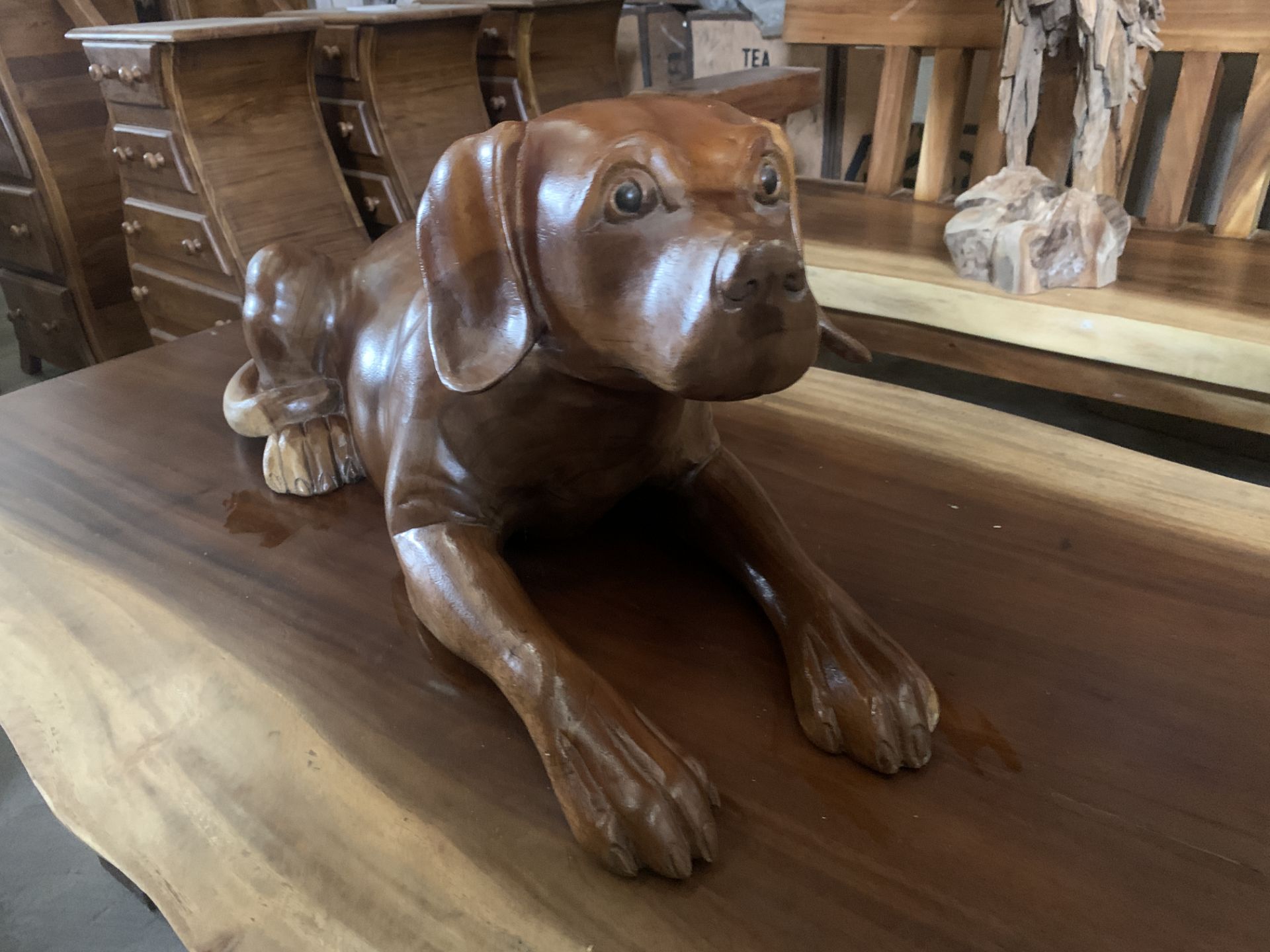 SOLID WOODEN SUAR MEH LAYING DOG L70 X W35 X H35 RRP £395