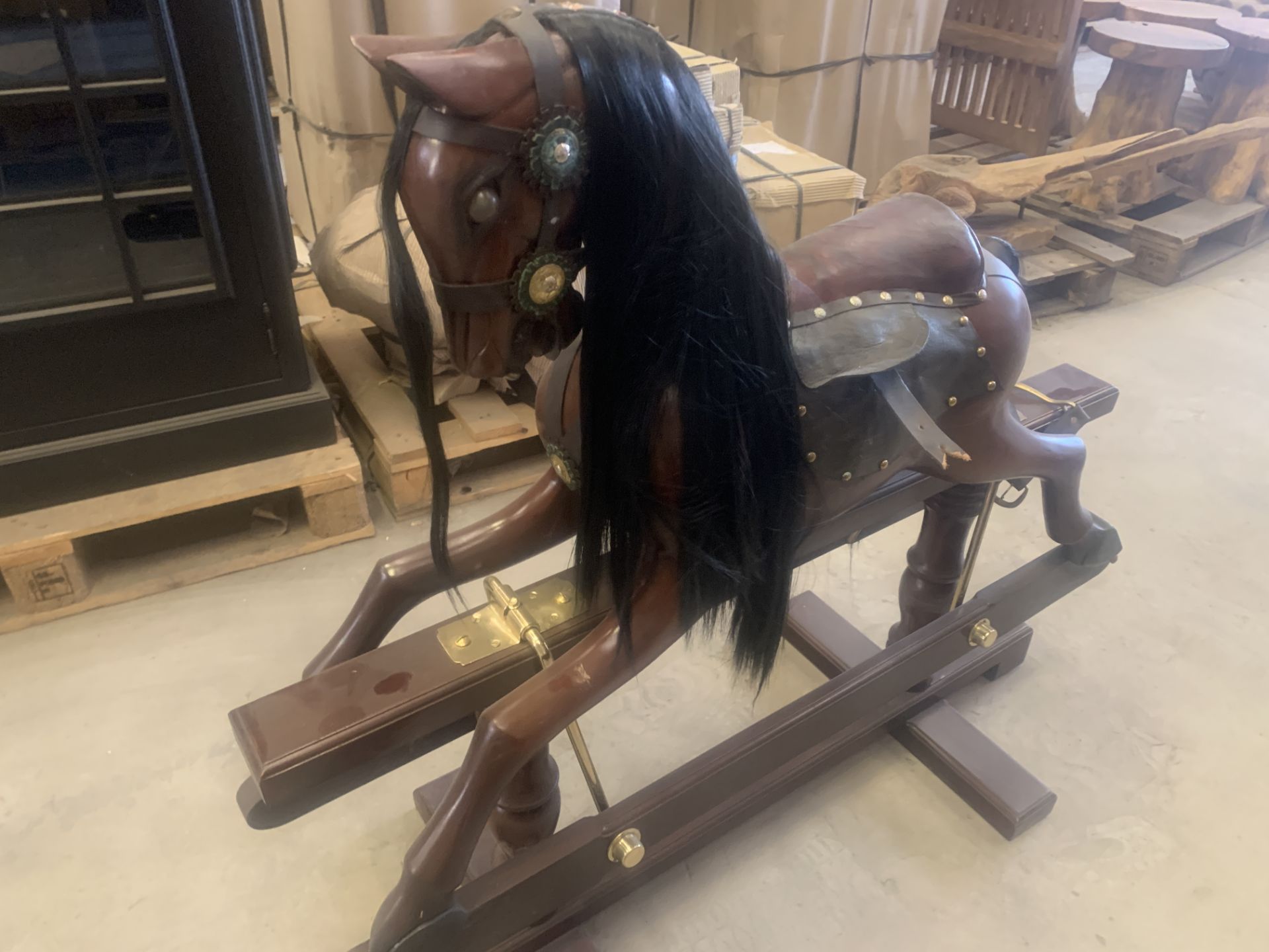 SOLID WOODEN MAHOGANY ROCKING HORSE L110 X W45 X H90 RRP £1195 (PLEASE NOTE SOME DAMAGE)