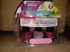 144 X BRAND NEW PACKS OF 3 NAIL NATION SUPERSTAR NAIL POLISH AND EMERY BOARD PACKS R8