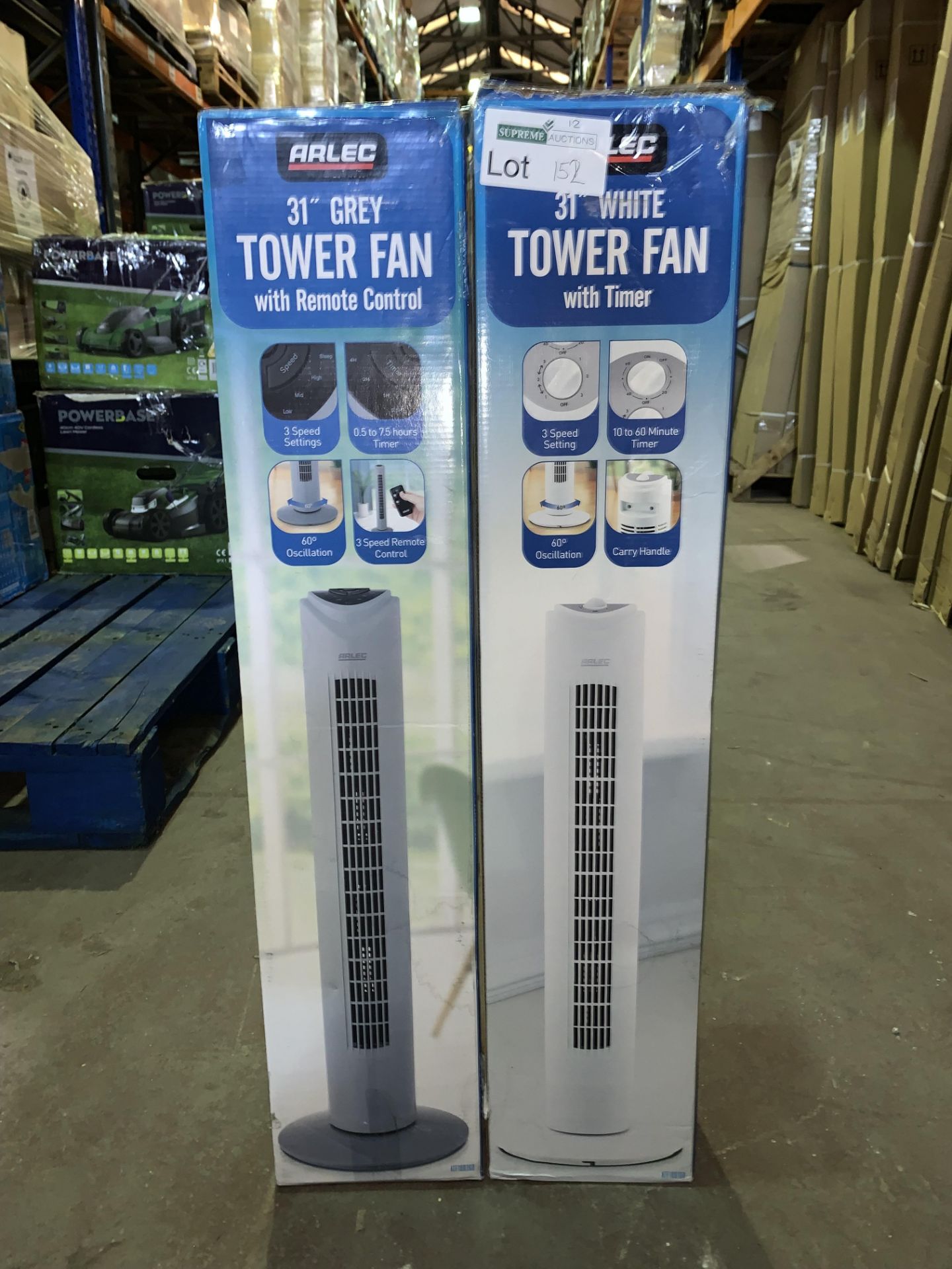 5 X BOXED STYLEC 31" WHITE & GREY TOWER FAN 3 FAN SPEEDS AUTO SHUT OFF TIMER H82CM UNCHECKED/