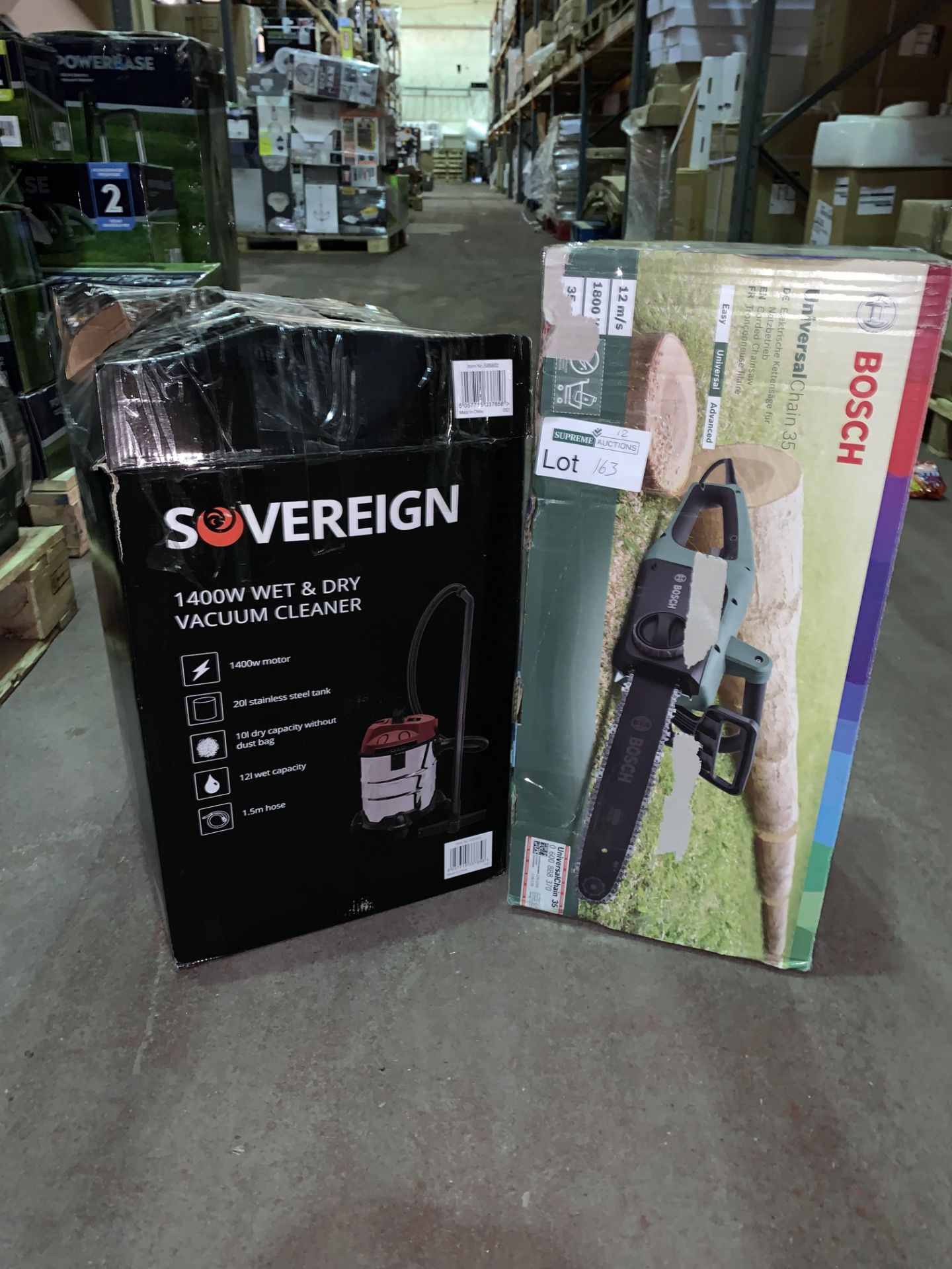 3 X MIXED BOXED, 1 X BOSCH UNIVERSAL CHAINSHAW35 1800W 2 X 1400W SOVEREIGN WET & DRY VACUUM