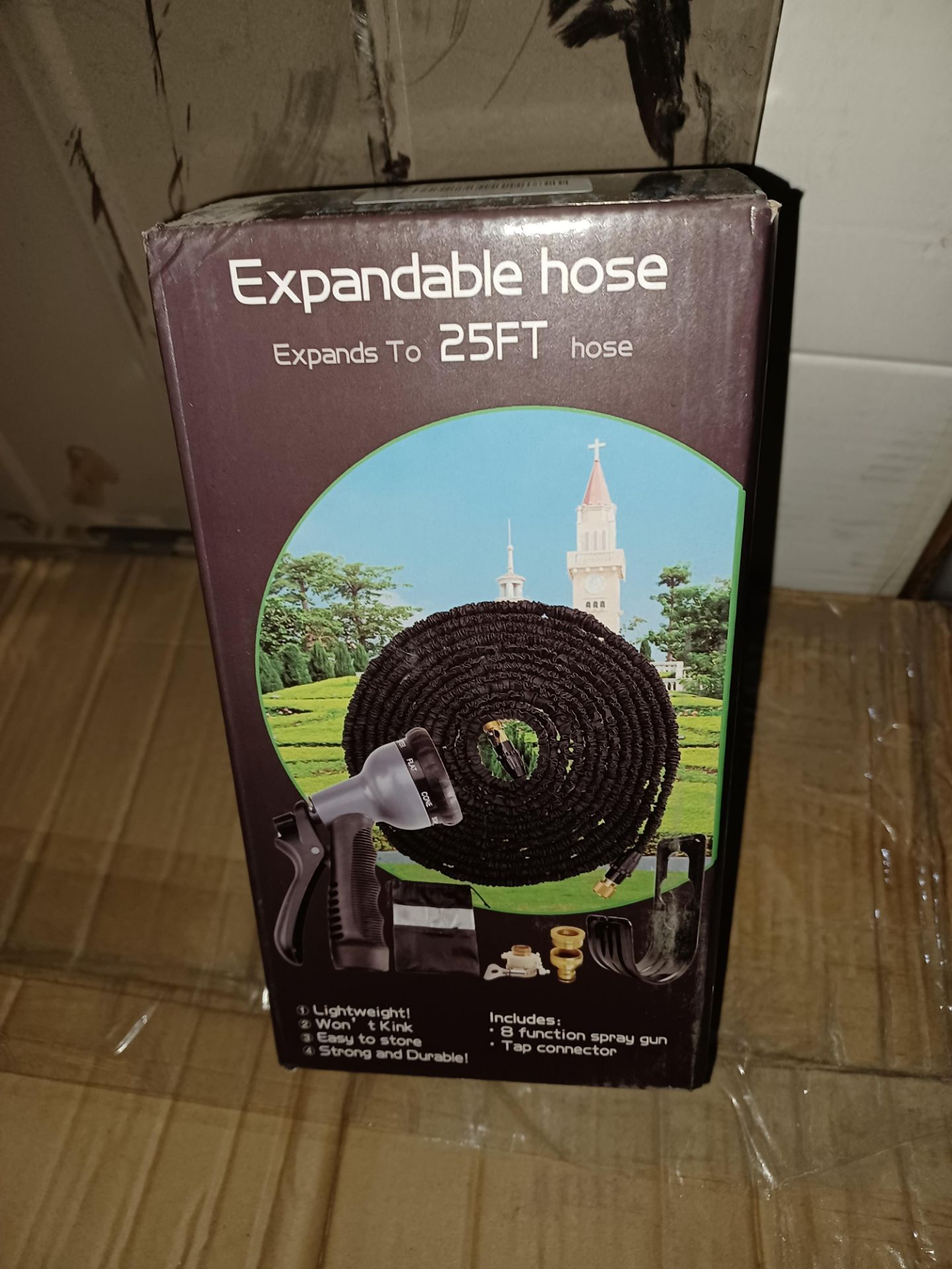 5 X NEW BOXED 25 FOOT EXPANDABLE HOSE SETS. INCLUDES TAP CONNECTOR, 25 FOOT HOSE & 8 FUNCTION