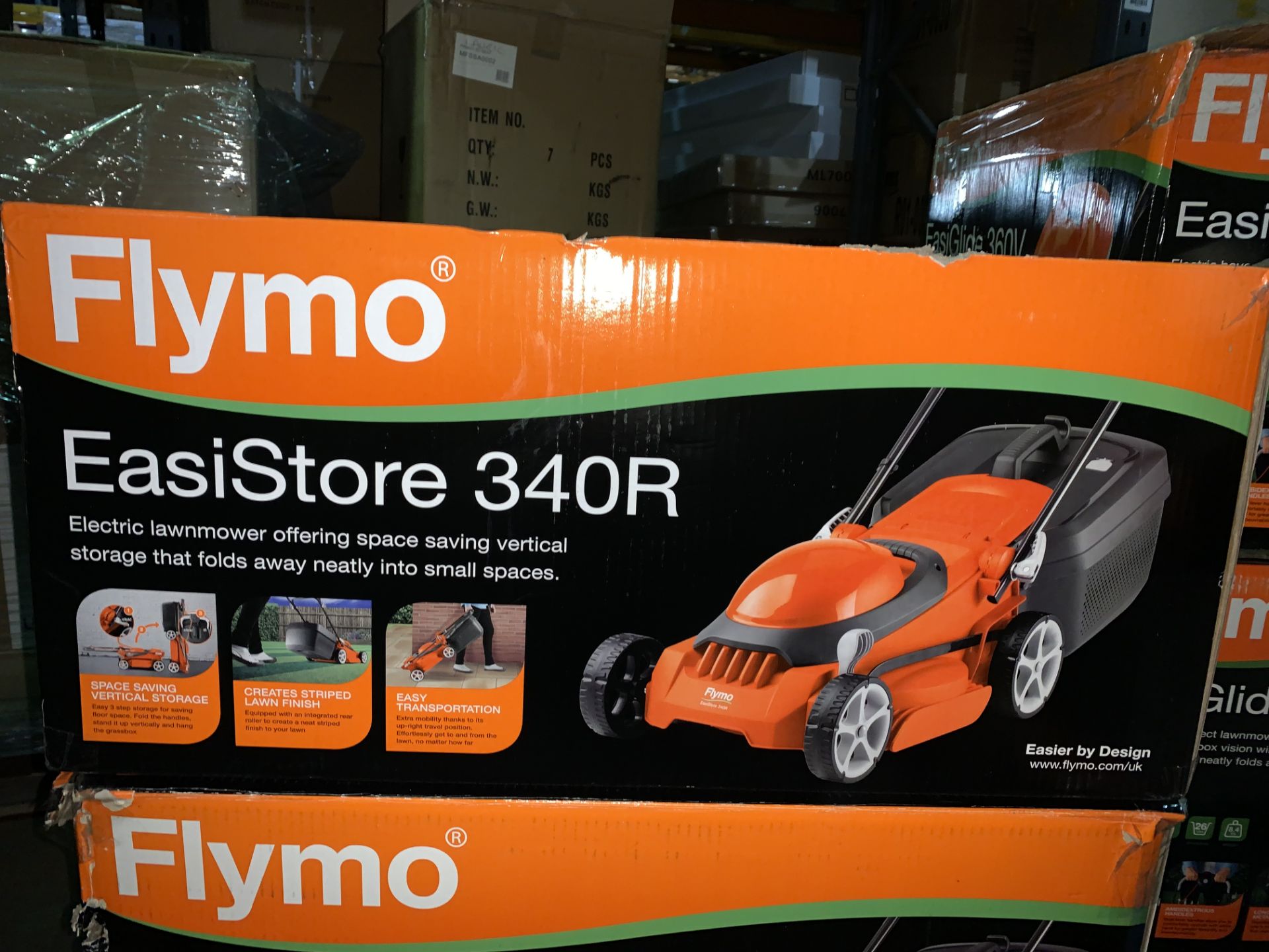 2 X BOXED FLYMO EASISTORE 340R ELECTRIC LAWNMOWER 1400W UNCHECKED/UNTESTED