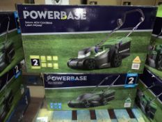 2 X BOXED POWERBASE 34CM 40V CORDLESS LAWN MOWER & 34CM 1400W ELECTRIC ROTARTY LAWN MOWER