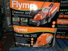 2 X BOXED FLYMO CHEVRON 32V ELECTRIC WHEELED LAWNOWER & HOVERVAC 250 LIGHTWEIGHT HOVER LAWNMOWER
