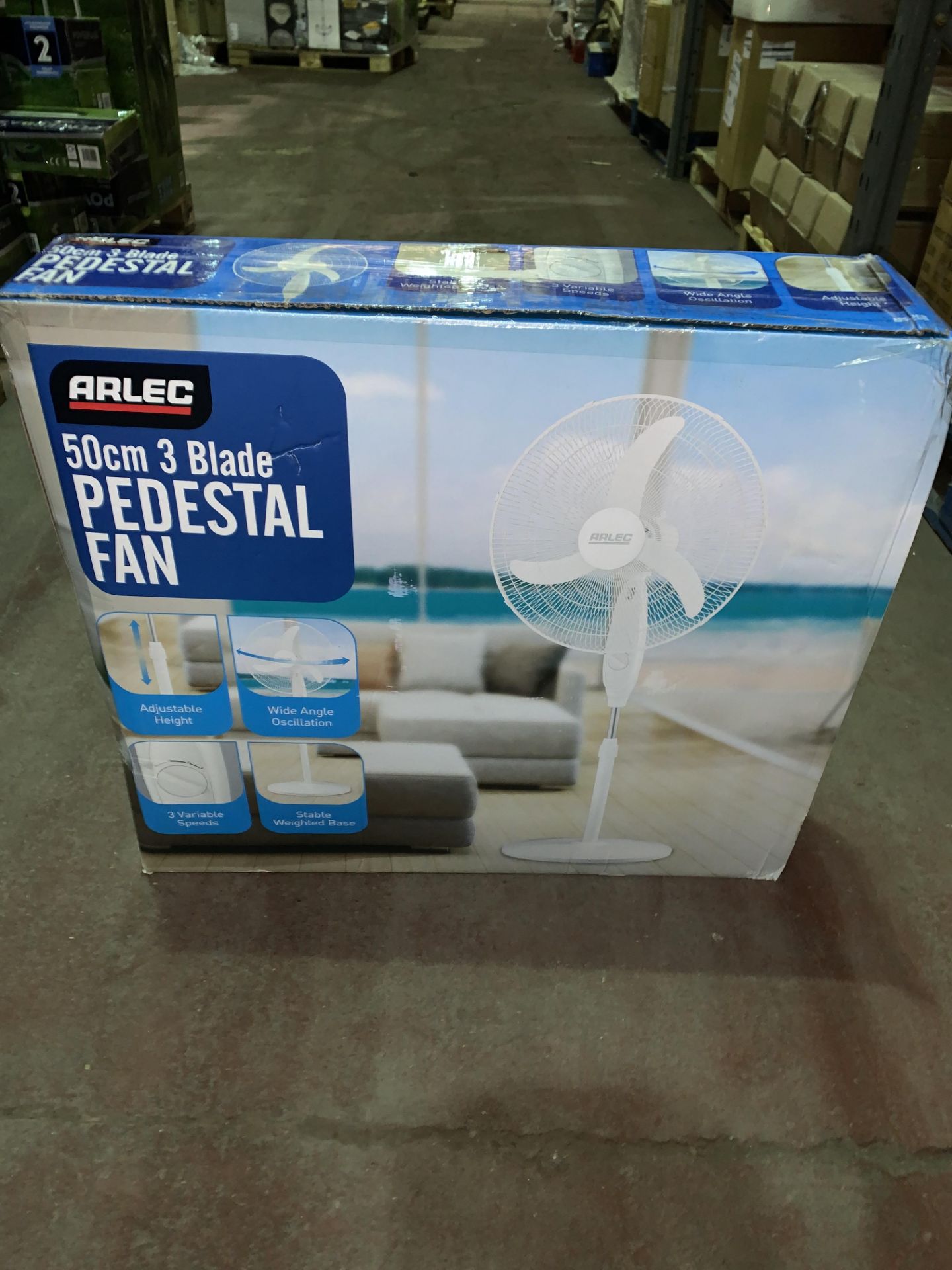 5 X BOXED 50CM ARLEC 3 BLADE PEDESTAL FANS, WIDE ANGLE OSCILLATION, ADJUSTABLE HEIGHT AND 3 SPEEDS