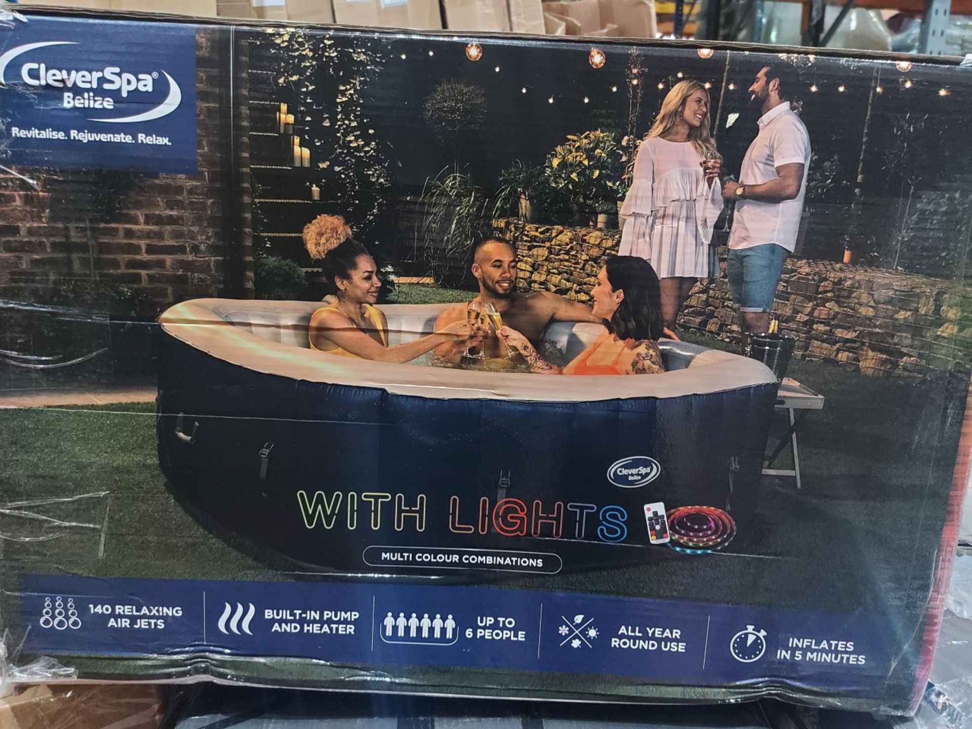 BOXED CLEVERSPA BELIZE 6 PERSON INFLATABLE HOT TUB WITH LIGHTS. RRP £652. UNCHECKED/UNTESTED